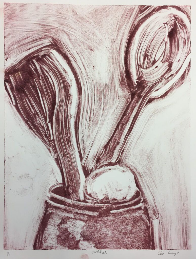 Reduction monoprint of spoons and a spatula in a kitchen jar