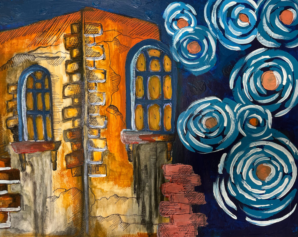 painting with pen depicting the corned of a stone building with rounded windows and a concentric circle design in blues and oranges