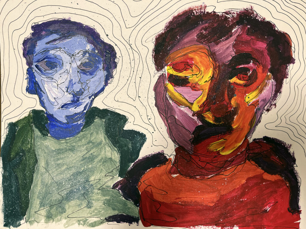 Painting with two abstracted portraits of people, one person in warm colors and one person in cool colors. 