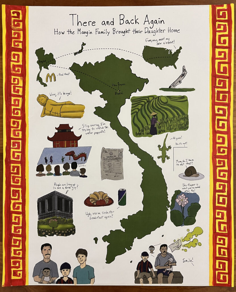 Map titled "There and Back Again: How the Mangin Family Brought their Daughter Home". Map has a decorative boarder, silhouettes of have the US and Thailand and dotted line depicting the journey, and many vignettes represented different stories told about the trip