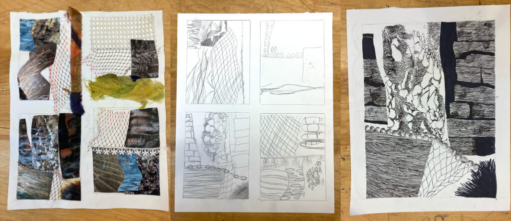 Three images. One has four non-objective abstract collages with materials with extra. The second had four pencil sketches of those collages. The third is one finished pen and ink drawing of one of the collages, directing bring, stone, feather, and netting texture 