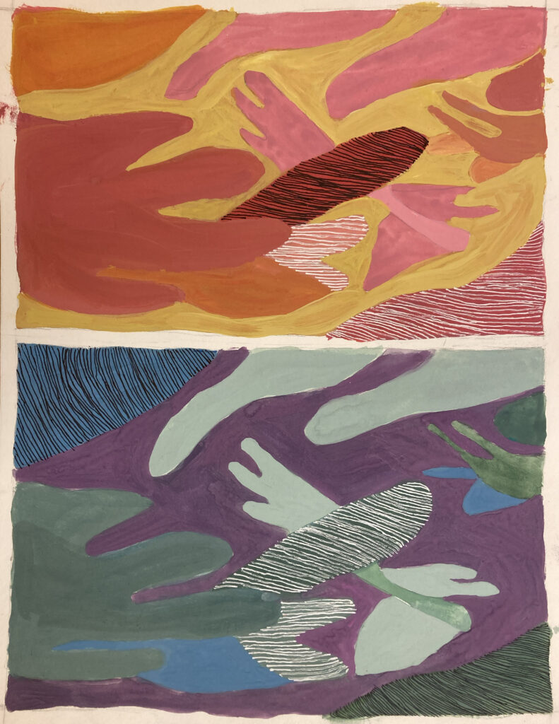 Two paintings with identical composition of swooping organic shapes. The top painting is in warm colors of reds, oranges and yellows. The bottom is in cool colors of blues, greens and purples.