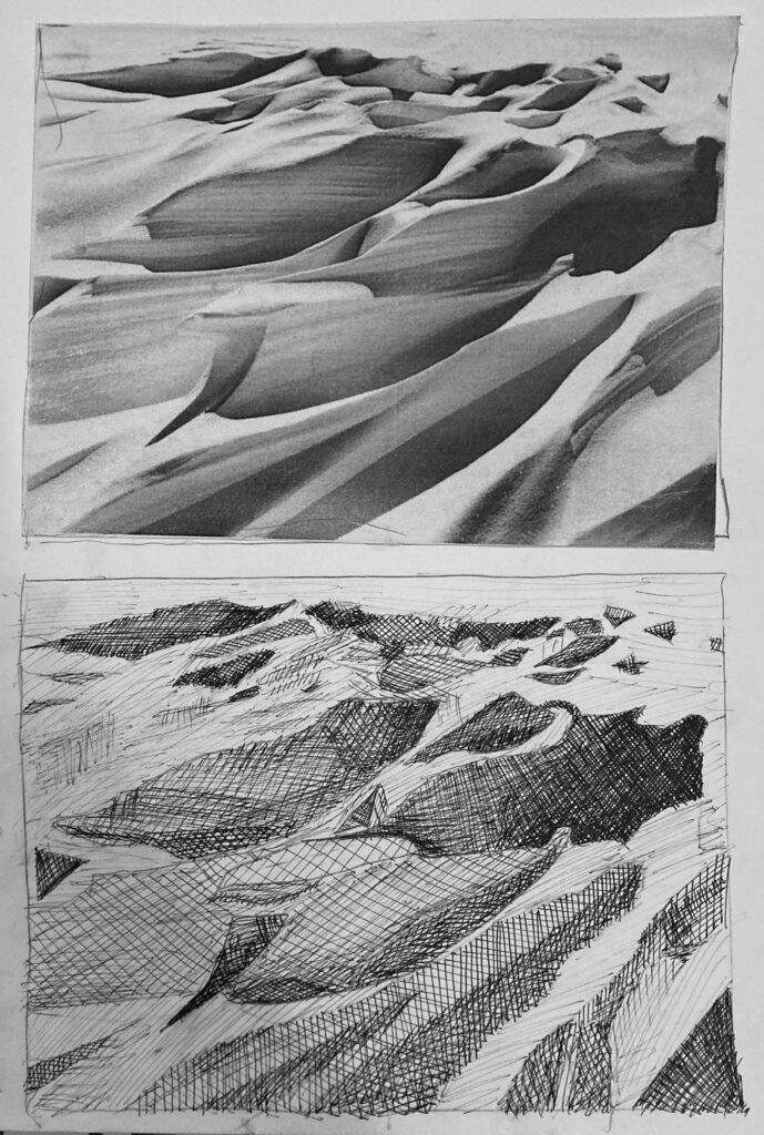 Top image is a black and white photocopy of a photograph of sand dunes. Bottom image is a drawing of that image using line to create value