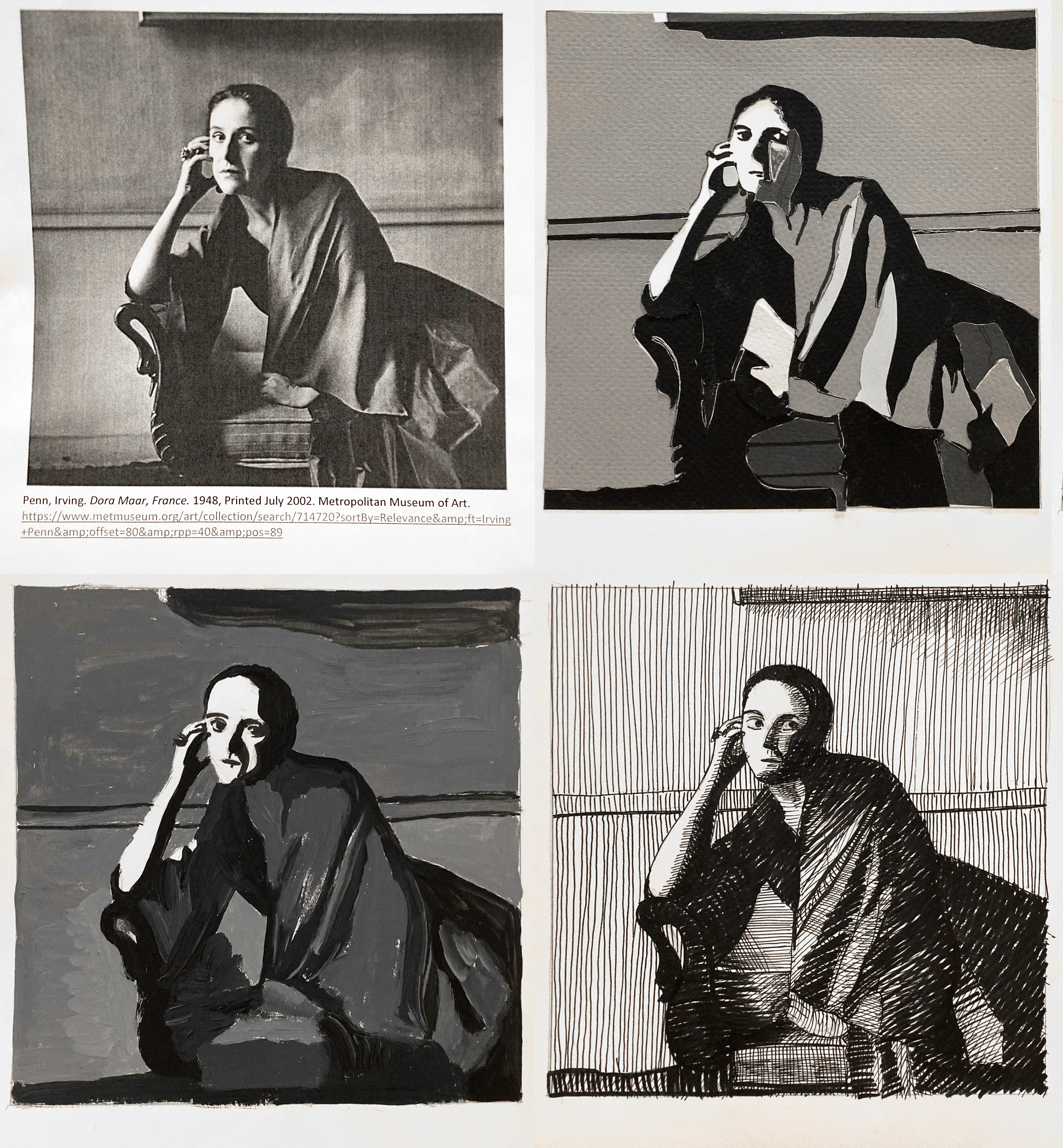 On image is a black and white photocopy of a photograph of a woman lounging on a chaise. Three other images recreate that image using the collage in one, paint in another, and line in another to represent value