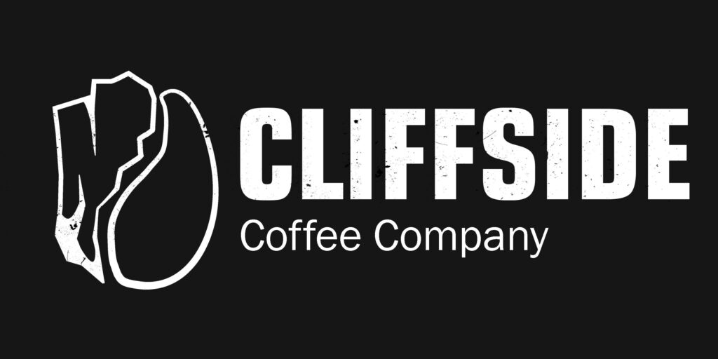 Logo for Cliffside Coffee Company. A Coffee bead illustration is 1/2 smooth bean and 1/2 jagged cliff