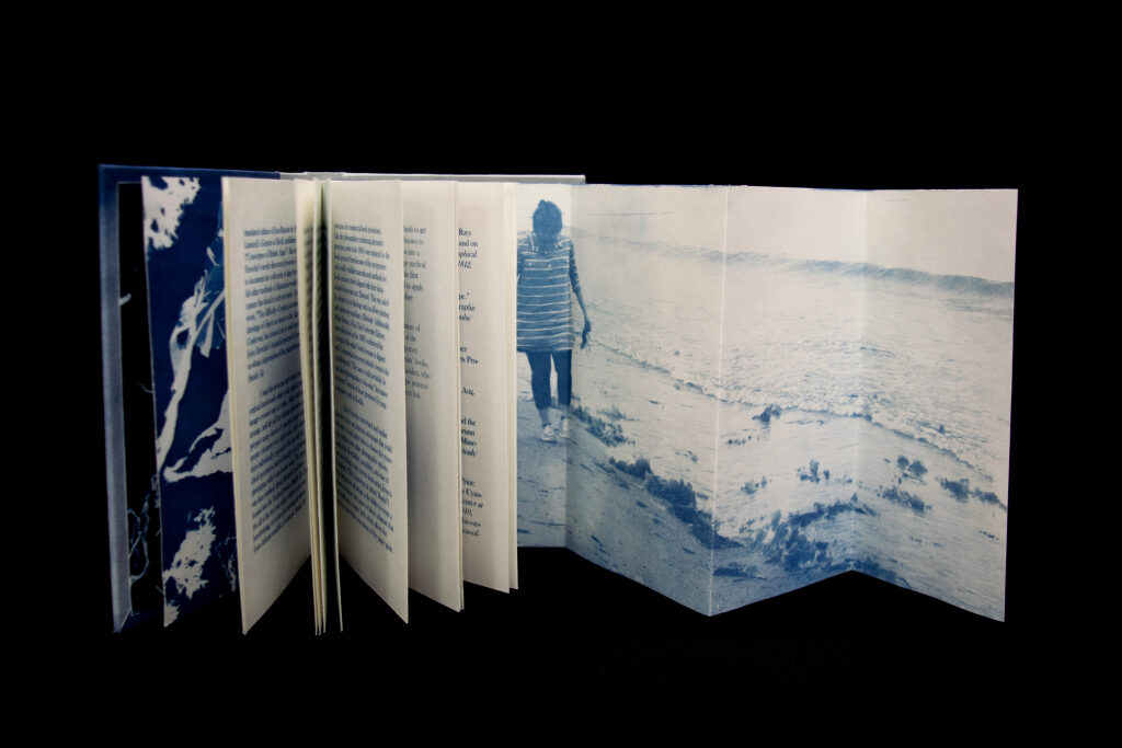 photograph of "The Blue Book" open to a pull out image of the artist collecting seaweed. Link to Portfolio page.